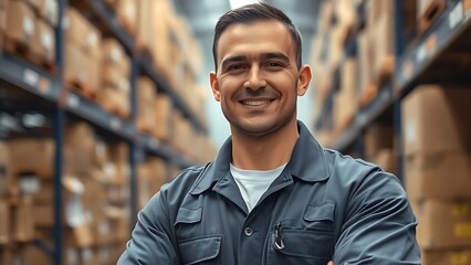 Obraz premium Warehouse worker in uniform, focused portrait with cardboard boxes softly blurred in the background.