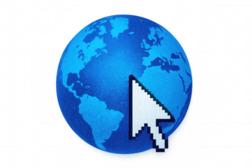 Pixelated cursor targeting blue digital globe, symbolizing worldwide internet connectivity against transparent backdrop