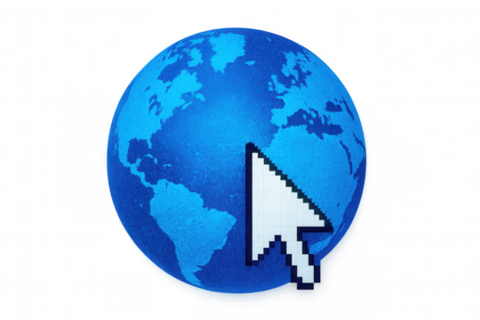 Pixelated cursor targeting blue digital globe, symbolizing worldwide internet connectivity against transparent backdrop