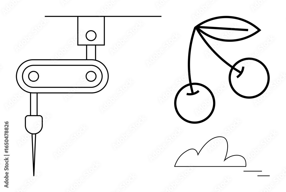 Aufkleber robotic arm with a precision tool extending next to a simple cherry drawing and minimal cloud. ideal