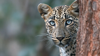 peering from behind a tree trunk, with beautiful eyes, in the style of National Geographic photography