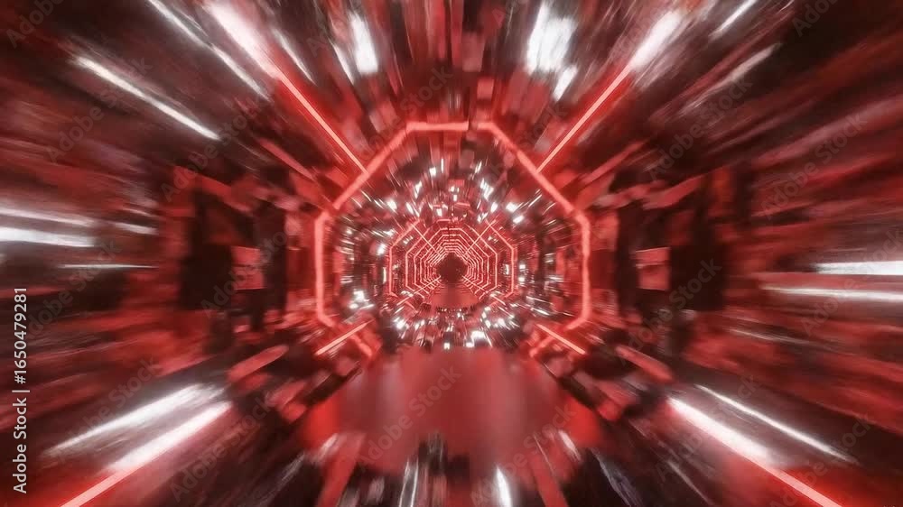 Poster redlit tunnel with glowing lines and a geometric repeating pattern