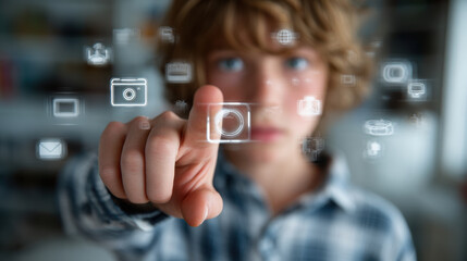 Young student engaging with floating lesson icons, pointing at virtual camera symbol, focused on digital technology interface