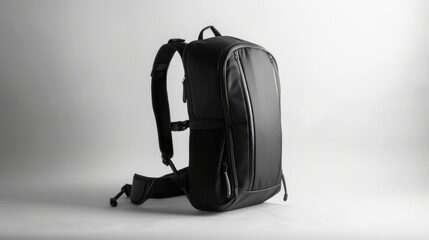 Naklejka premium A sleek black backpack, perfect for urban adventures or outdoor expeditions. Minimalist design, standing against a bright, neutral background.