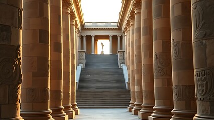 Ancient stone pillars with intricate carvings leading to a grand staircase, embodying classical architectural elegance.