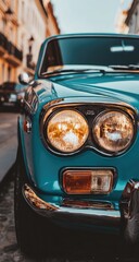 Fototapeta premium Close-up of a teal classic car's front end. Urban street scene in background