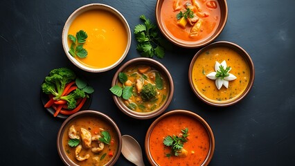 Colorful vegetable soups in ceramic bowls arranged on dark slate, showcasing healthy and appetizing cuisine.
