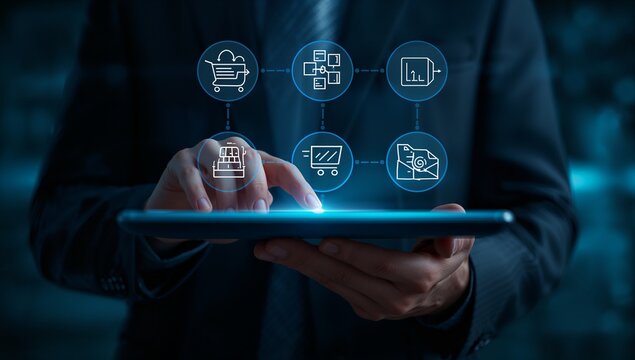 A person interacts with a digital tablet displaying interconnected business process icons, highlighting a workflow of commerce and communication.