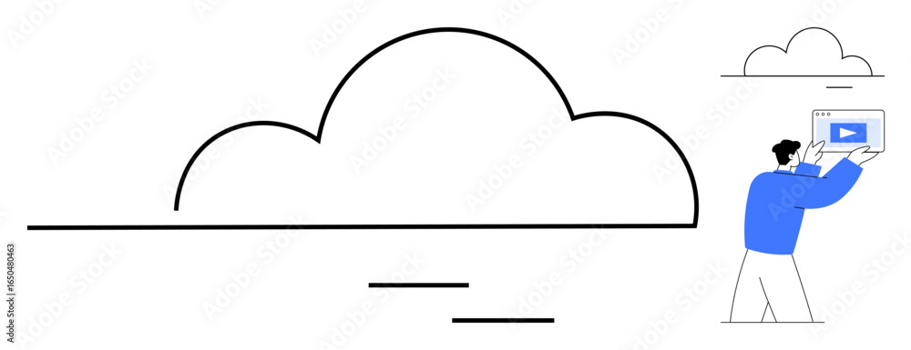 Poster Man holding a tablet device placing video content in a cloud. Minimalist style. Ideal for technology, cloud computing, data management, online storage, digital transformation, remote work, simple