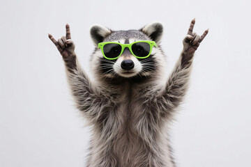 Playful raccoon with bright green sunglasses standing upright doing rock gesture with paws raised, white background