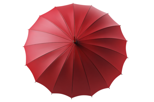 Top view of an red umbrella isolated on a white isolated on a transparent background in PNG format.