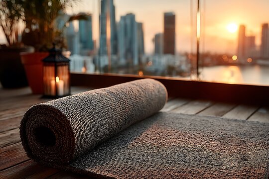 Rolled yoga mat on wooden deck with city skyline at sunset textured gray