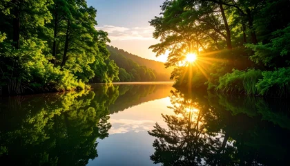 Keuken achterwand Reflectie Serene sunset over calm water, reflected in still river, lush green trees framing the scene  © Saro