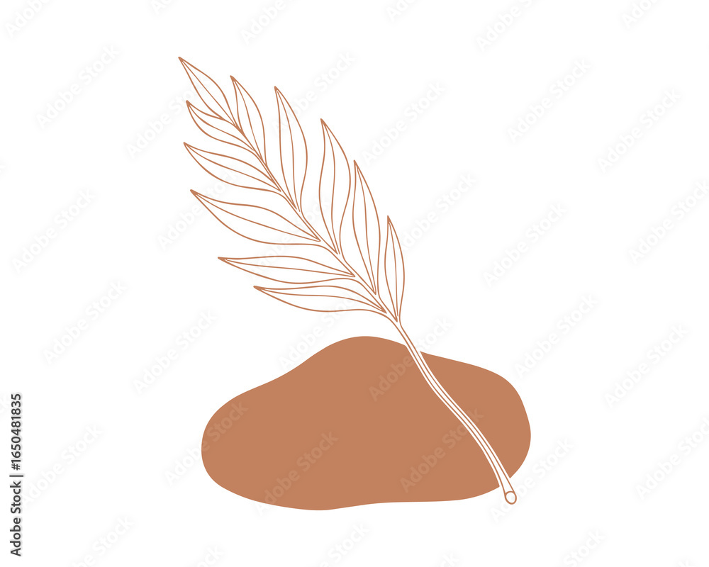 Poster elegant line drawing of a palm leaf on a abstract shape. modern art design element for web and print