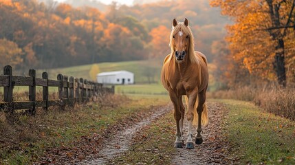 Majestic Palomino Horse Walking on Autumnal Country Road