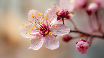 Exquisite Macro of a Delicate Pink Blossom with Golden Stamens and Buds