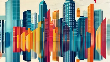 Dynamic cityscape animation with vibrant colors and financial data overlays visualization - Powered by Adobe