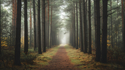 Fototapeta premium Misty Forest Pathway Lined with Tall Trees