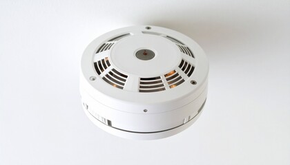White smoke detector with red and blue indicator lights on ceiling