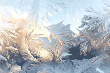 Intricate feathery frost patterns on a window pane with warm morning sunlight.