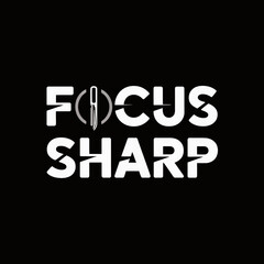 Focus sharp typography with a stylized pen graphic on a black background representing precision and clarity in thought and action