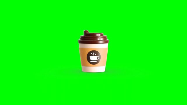 3D Animated Hot Coffee Cup With Brown Lid and White Coffee Cup Logo on Orange Paper Sleeve. Green Screen.