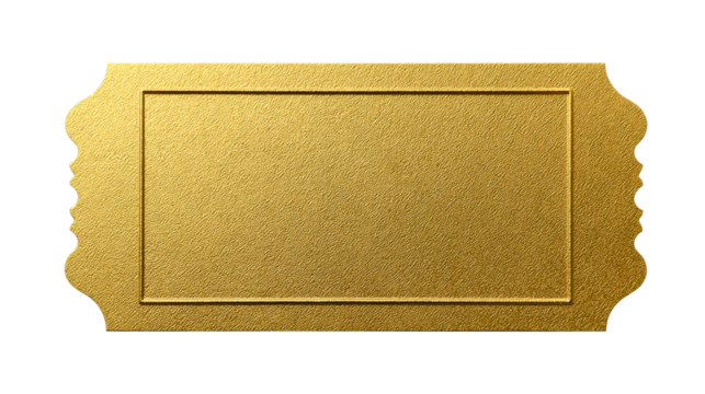 Golden ticket entry pass with textured surface and decorative edges