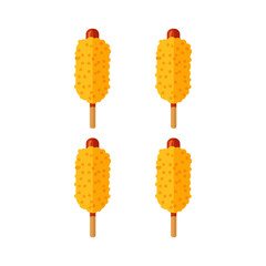 Four golden corn dogs on a stick