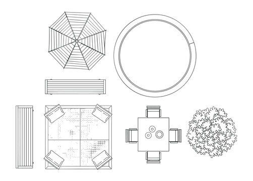 Black and white plan view of outdoor furniture set with umbrella, seating, table, and potted plant.