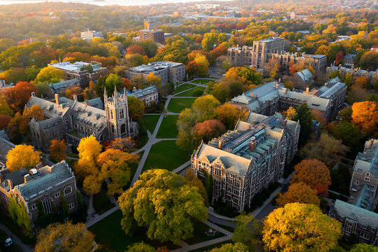 Stunning Aerial View of a Gothic University Campus During Peak Autumn Foliage at Sunset