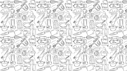 Seamless pattern of kitchen utensils in black line