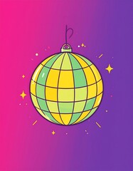 A vibrant, stylized illustration of a disco ball ornament against a gradient background
