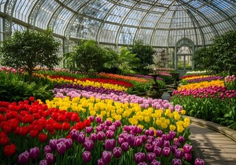 Vibrant Tulips Bloom in a Grand Botanical Garden Glasshouse