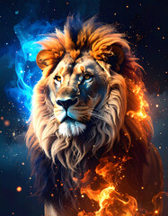 Naklejka premium Lion portrait with fire and smoke effects