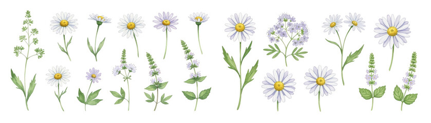 Fototapeta premium A beautiful array of white daisies and delicate wildflowers, showcasing nature's elegance.