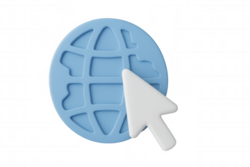 Digital cursor clicking blue globe icon, symbolizing worldwide digital connection on transparent backdrop