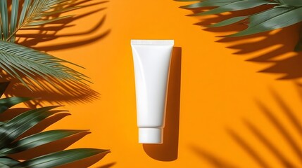Vibrant summer skincare concept with white tube mockup and tropical leaves against a bright orange backdrop