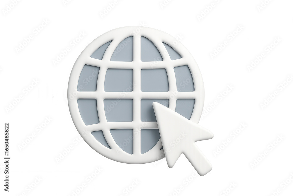 Poster digital graphic showing white computer cursor tapping grey world map, symbolizing worldwide online c
