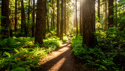 Obraz premium Sunlit Forest Path Winding Through Tall Trees with Green Foliage and Shadows
