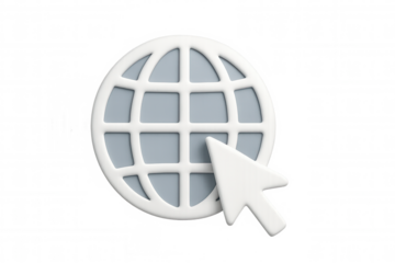 Digital graphic showing white computer cursor tapping grey world map, symbolizing worldwide online connection against transparent backdrop