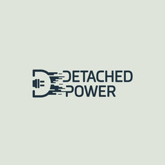 Modern minimalist logo design featuring a stylized electrical plug with the text detached power in a dynamic abstract font against a muted background