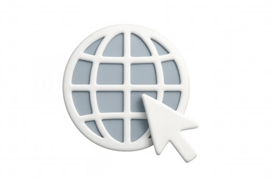 Digital graphic showing white computer cursor tapping grey world map, symbolizing worldwide online connection against transparent backdrop