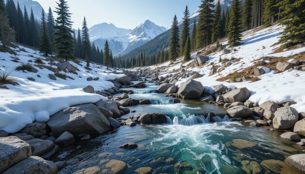 Crystal Clear Alpine Stream Flowing Through Rocky Terrain Surrounded by Snowy Peaks and Evergreen Trees - Powered by Adobe