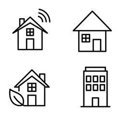 Four minimalist house icons set for real estate and smart home designs. Vector Illustration.