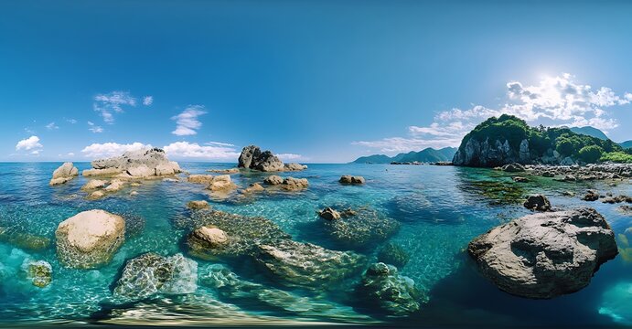 Panorama of the beautiful rocks and clear blue water at Beach