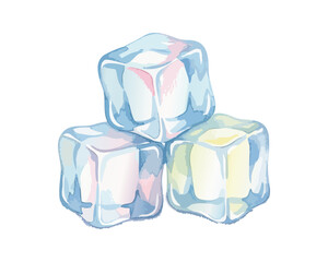 Watercolor style illustration featuring a stack of three ice cubes with transparent, blue, and pastel colors.