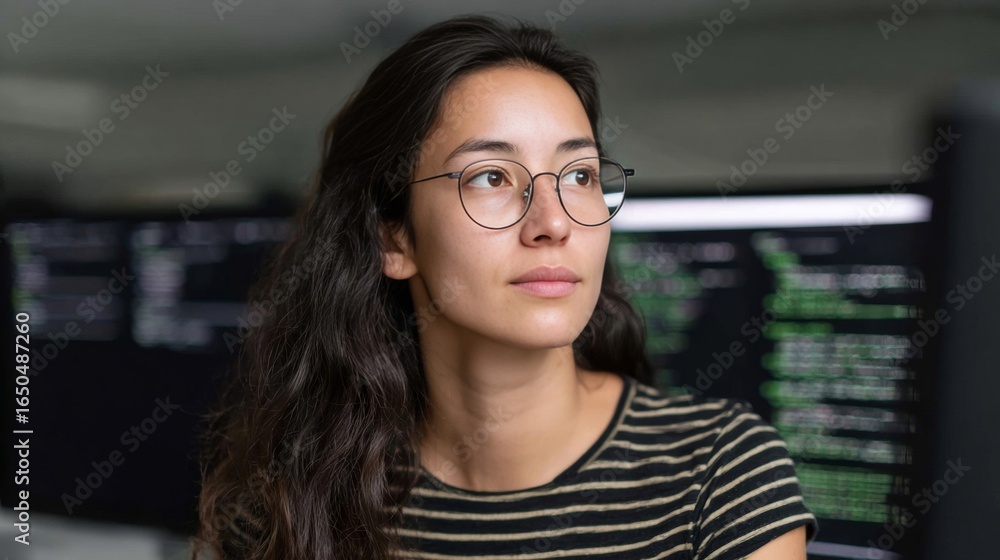 Poster a young asian woman coder immersed in lines of code, channels cybersecurity awareness day and ada lo