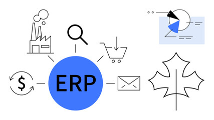 Central ERP hub linked to factory, financial cycle, search, analytics, e-commerce, messaging, and leaf symbol. Ideal for business management, digitalization analytics eco-concepts logistics