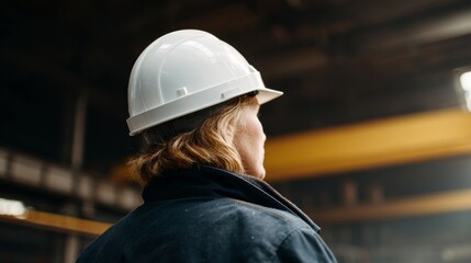 Rugged female engineer with hard hat, reflecting on Industrial Safety Day, echoes of structural harmony and metallic serendipity