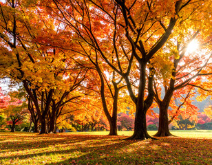 Vibrant autumn trees with colorful leaves casting shadows on grassy ground.